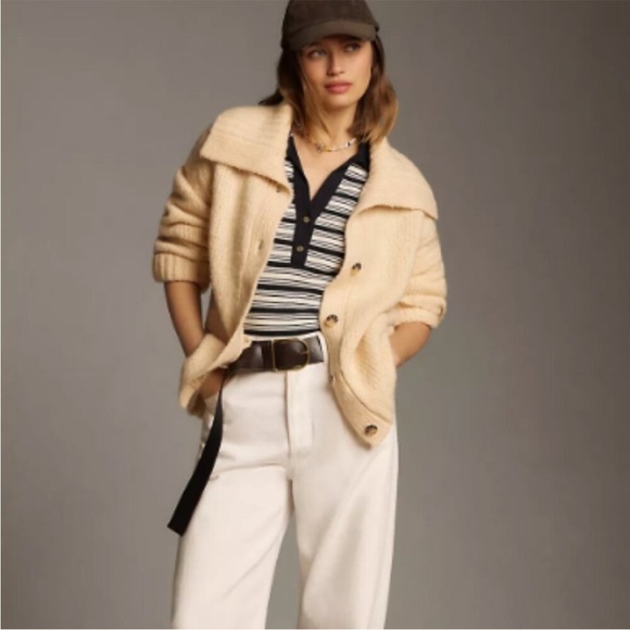 Anthropologie Maeve Coatigan Cream Chunky Knit Cardigan Jacket Wide Collar - Picture 1 of 14